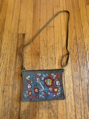 Women's Velvet Boho Crossbody Small Gray Floral Embroidered